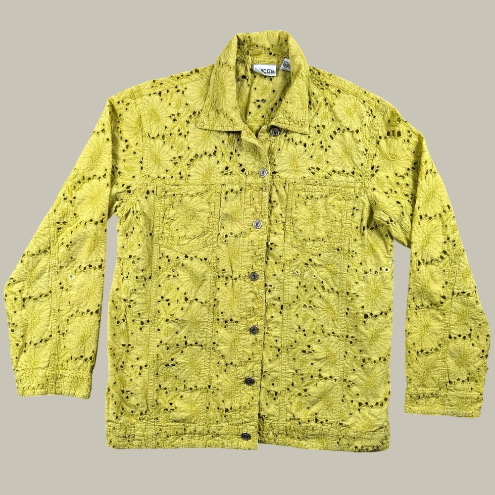 Chico's Eyelet Jacket Women 1 Yellow Cotton Floral Button Up Boho Coastal Chic